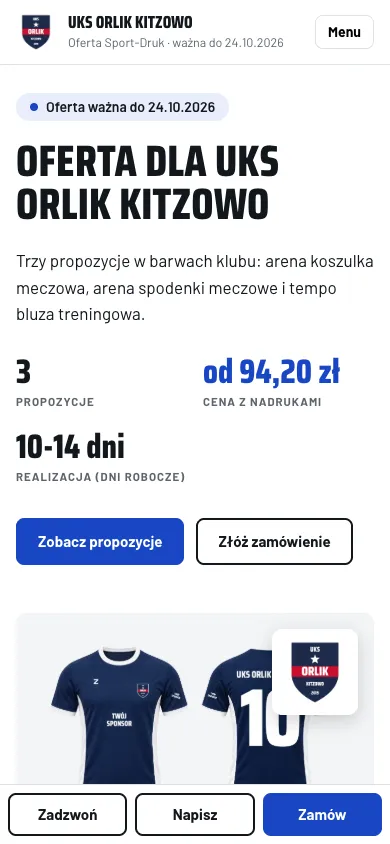 Oferta Kitzo na telefonie: strona z propozycjami, ceną od 94,20 zł i przyciskiem zamówienia